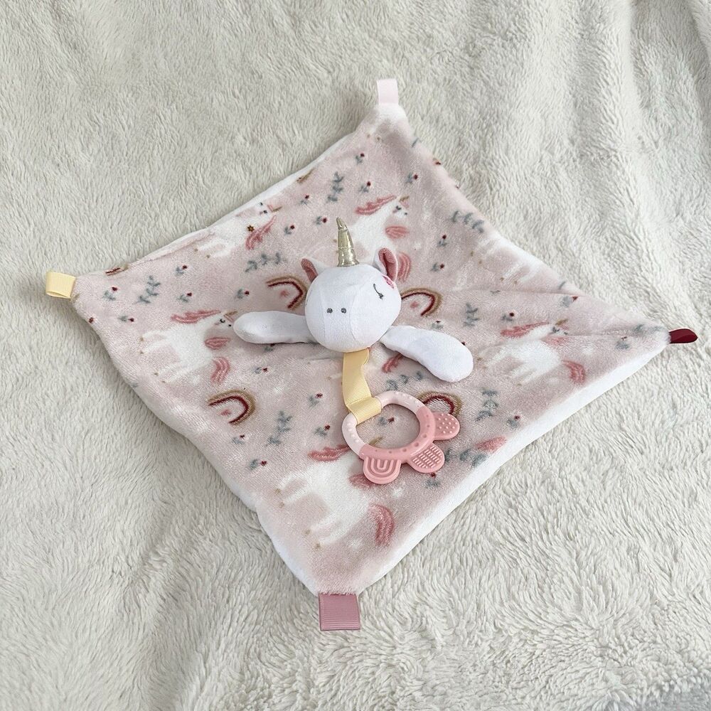 Pink Unicorn Pattern Baby Girl Lovey With Teether Toy Gold Horn 13” Plush